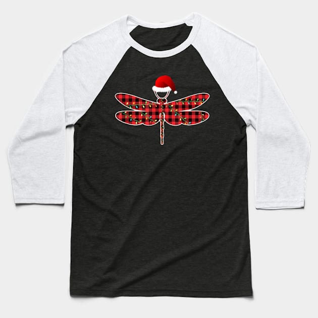Dragonfly Christmas Tree Red Plaid Ornament Xmas Insect Baseball T-Shirt by little.tunny